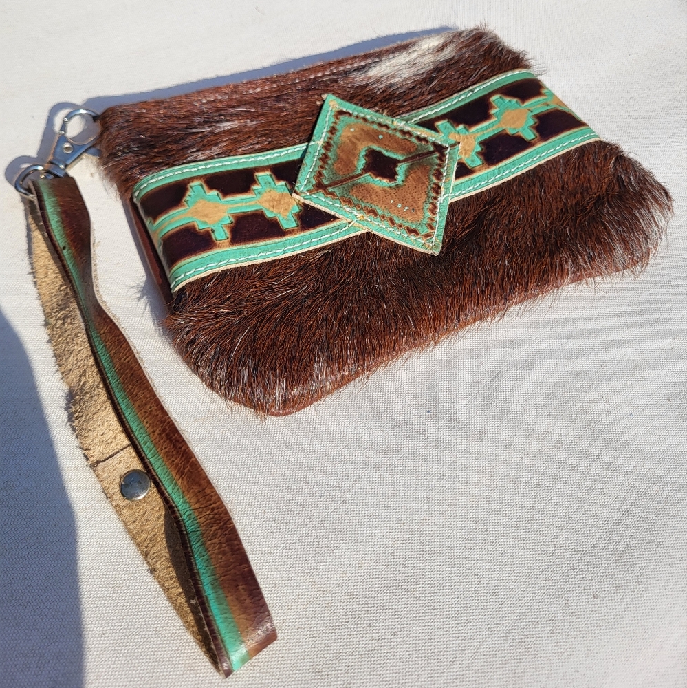 Western Animal Fur Brown & Turquoise Wristlet Clutch